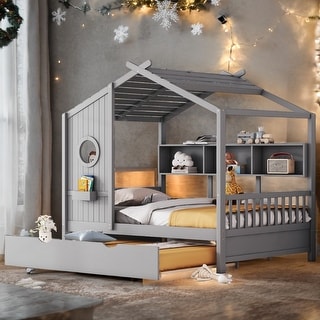 Modern Design Full Size House Bed with Wooden Trundle-Gray