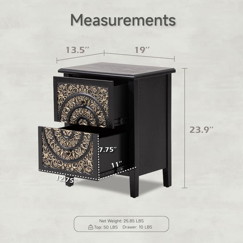 COZAYH Farmhouse Fully-Assembled Nightstand with 2-Drawer, Flower Motif End Table for Small Spaces, French Country