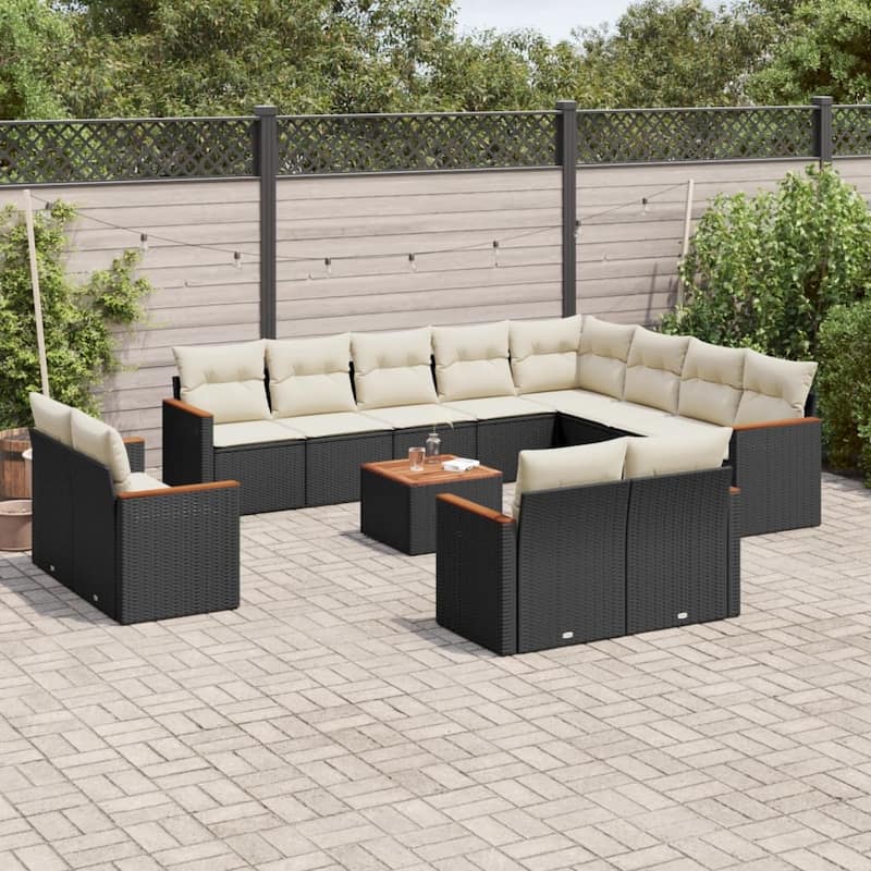 vidaXL Patio Sofa Set with Cushions Outdoor Conversation Furniture Poly Rattan - Black and cream with table - 21.7 x 21.7 x 14.6 in