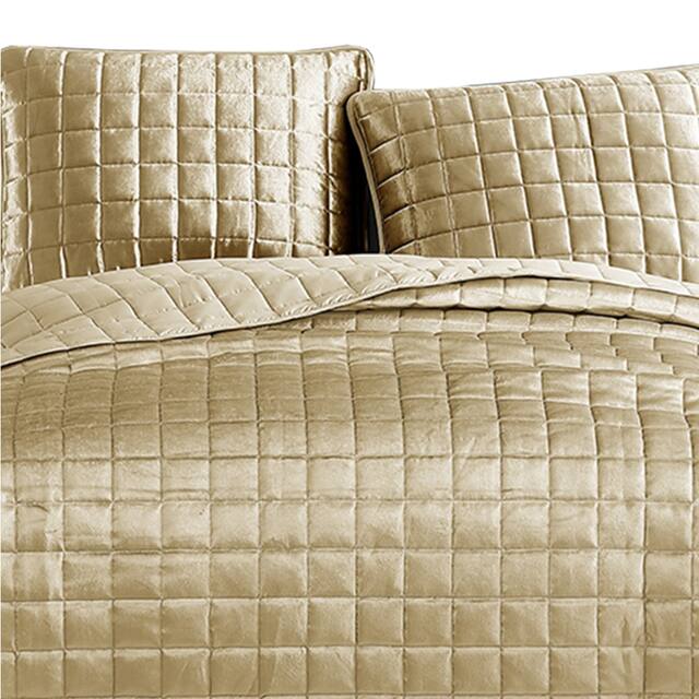 3 Piece Queen Size Coverlet Set with Stitched Square Pattern, Gold