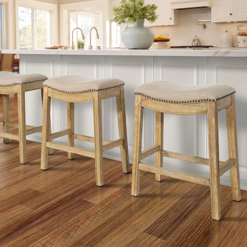 Sadie Saddle-Seat Wood Bar Stool with Upholstered Seat