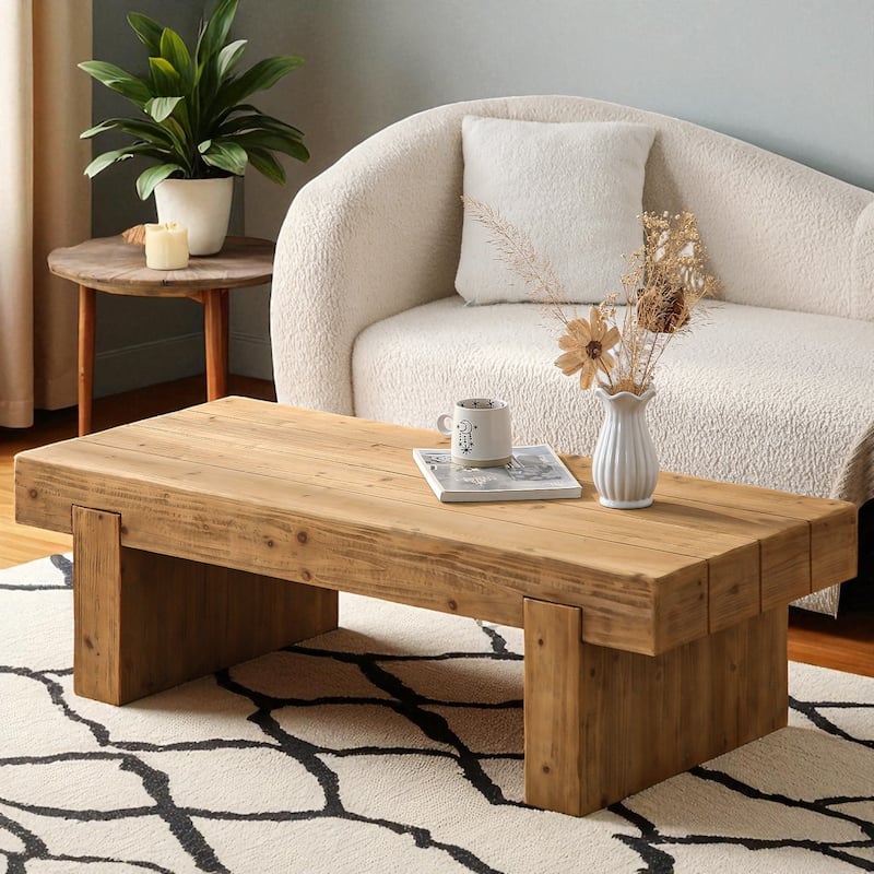 47.56" Farmhouse Solid Wood Coffee Table - Rustic Rectangular Cocktail Table with Thick Block Legs, Low Profile Accent Table - Natural