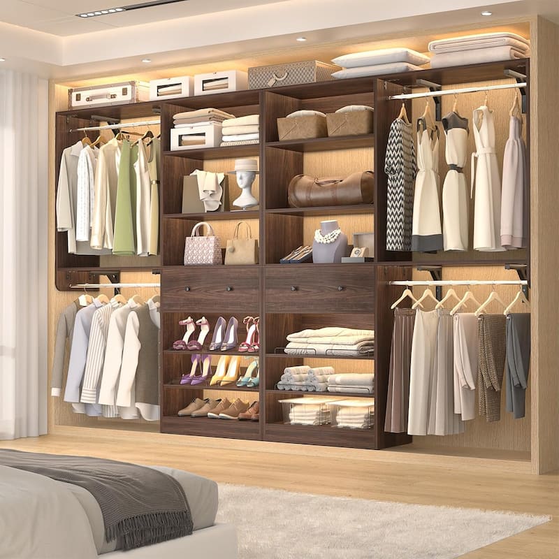 5FT Closet System with 2 Hanging Rods and Wooden Drawer, Walk-in Closet Organizer with 2 Wing Shelve and Adjustable Rack Shelves