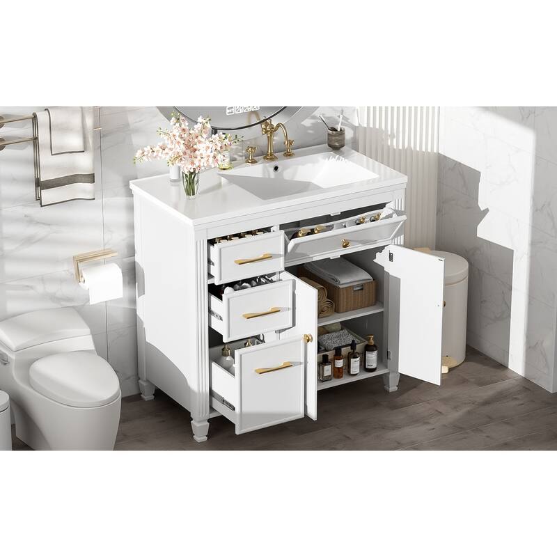 Roomfitters Bathroom Vanity with Sink, Ceramic Basin with One Tip-out Drawer, Three Side Drawers and Adjustable Shelf