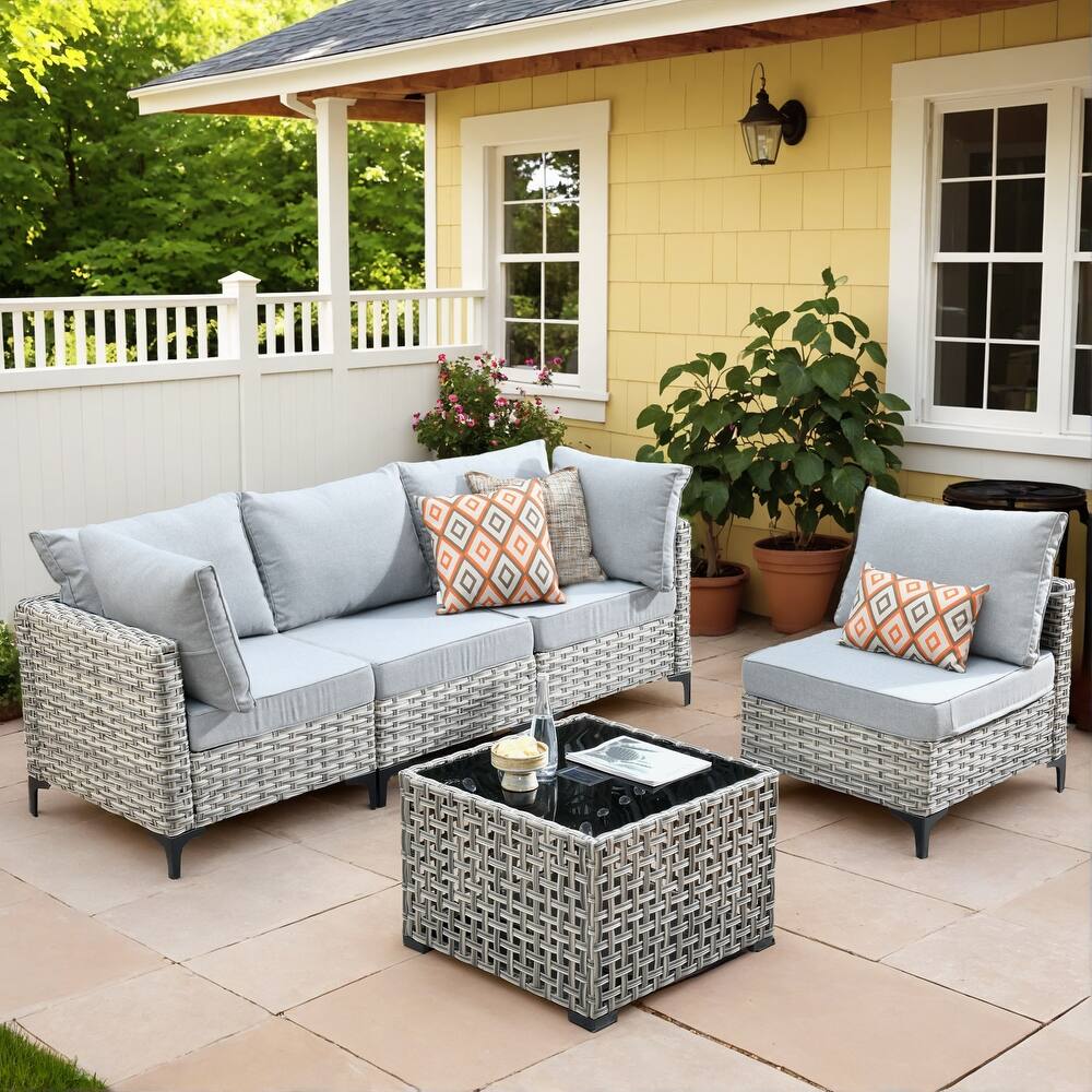 OVIOS 5 Pieces Outdoor Wicker Furniture Set With Solar-Powered Coffee Table
