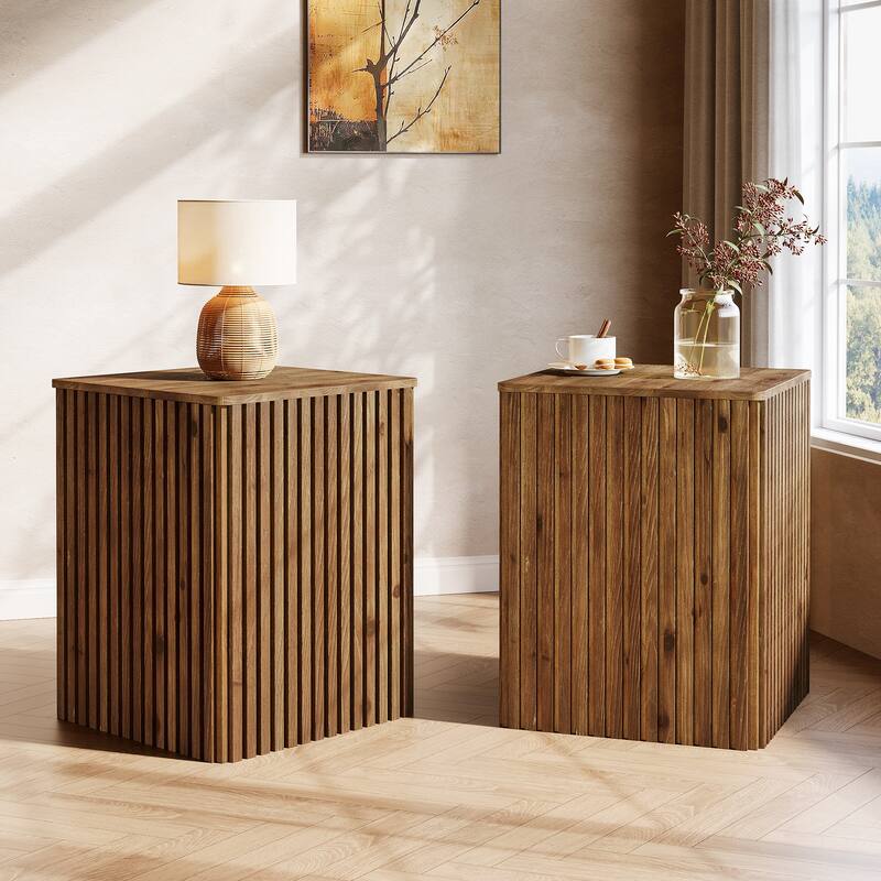 Solid Wood Fluted Side End Table with Storage and Removable Lid