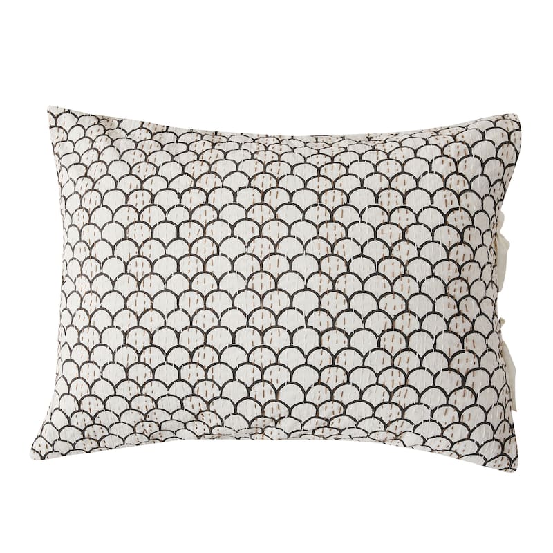 Melange Hand Stitched Kantha Block Print Coverlets and Shams - Scallop Standard Sham Set - Queen - 2 Piece