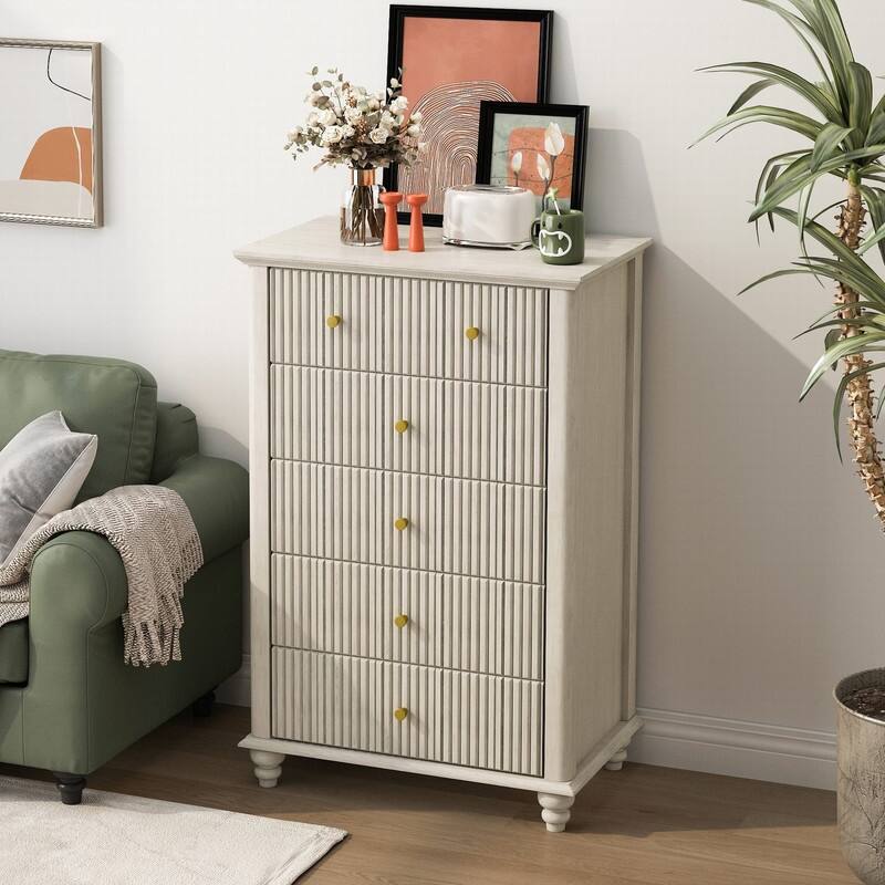 Modern Fluted 5 Drawer Dresser with Metal Handles for Stylish Bedroom Organization and Storage