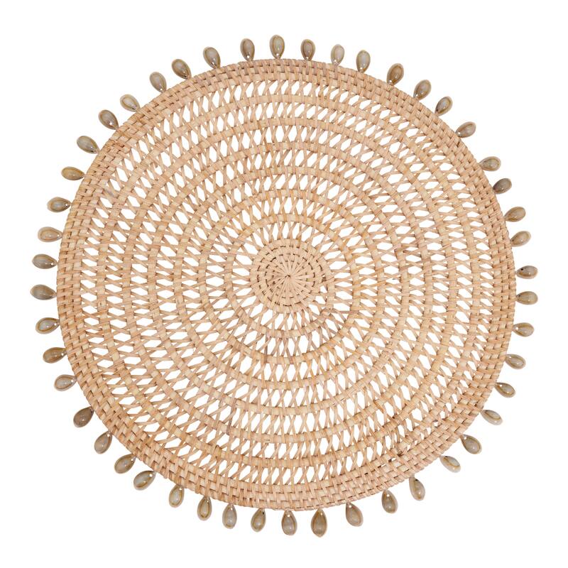 Rattan & Shell Beaded Round Placemats (Set of 4) - Handwoven Natural Fiber Design for Dining, Entertaining & Layered Styling - Set of 4 - 15"x15" - Natural