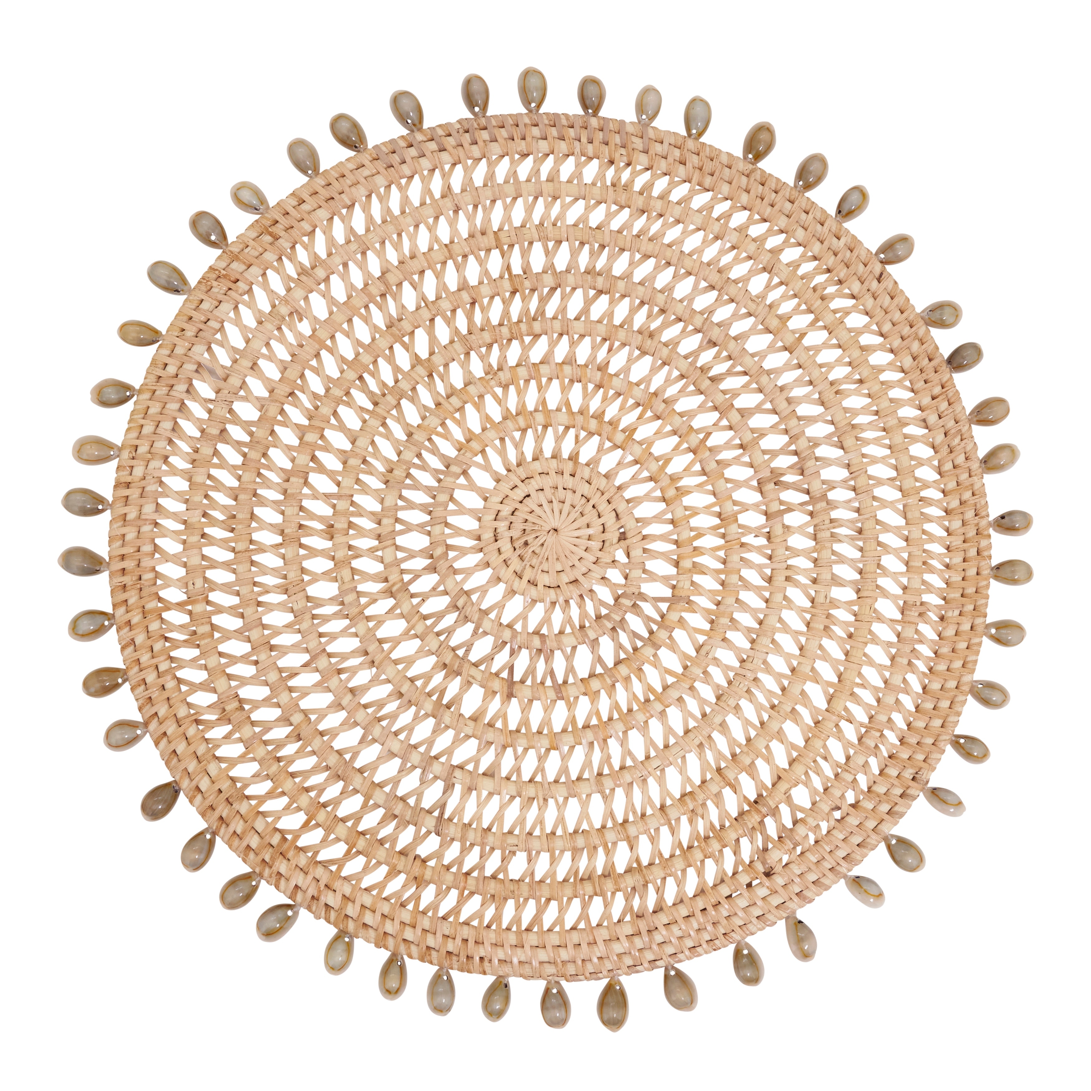 Rattan & Shell Beaded Round Placemats (Set of 4) - Handwoven Natural Fiber Design for Dining, Entertaining & Layered Styling
