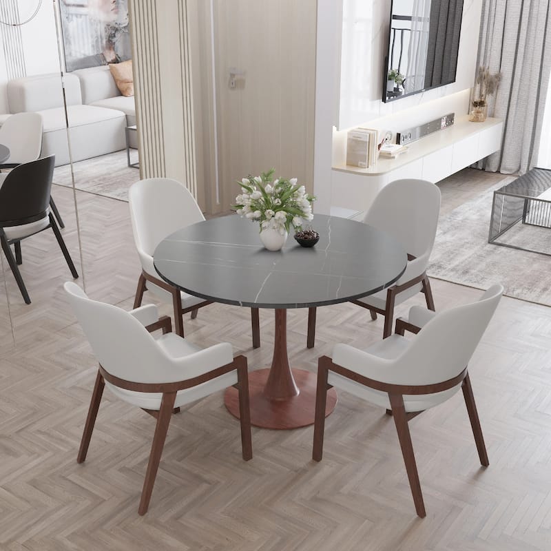 Bristol 31" Round Dining Table with Sintered Stone Top and Walnut Steel Pedestal Base for Modern Kitchen and Dining Room