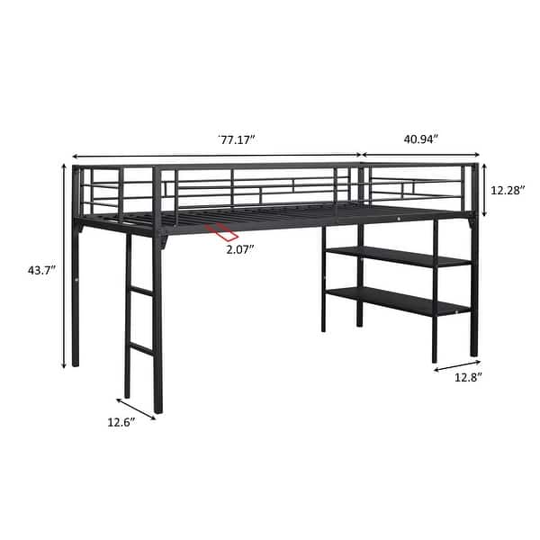 Metal Low Twin Size Loft Bed with Storage Shelves and Full Length Guardrail,Kids Bed Design