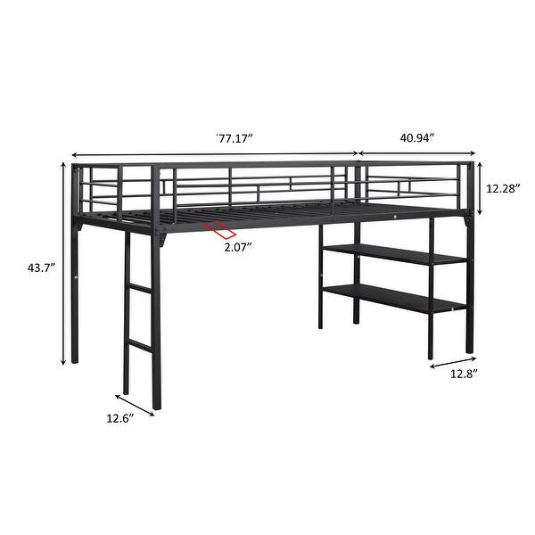 Twin Size Steel Low Loft Bed with Storage Shelves and Ladder