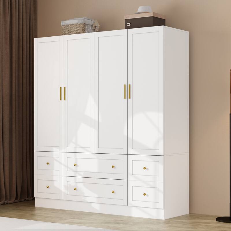 White Wardrobe Closet with Gold Handles - Modern Storage Cabinet with Drawers - White