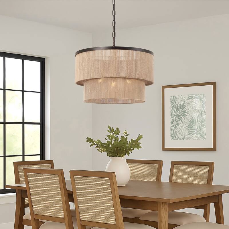 GetLedel 3-Light Coastal Boho Rope Drum Chandelier Hand-woven Ceiling Light
