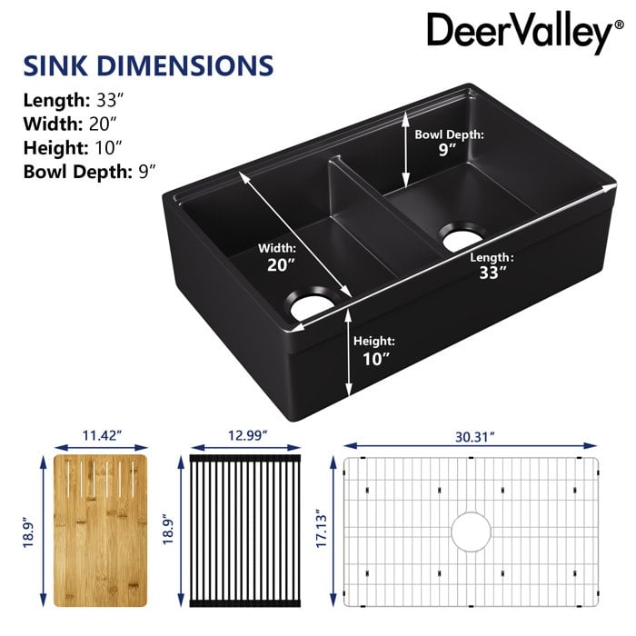 DeerValley 33"L X 20"W Double Bowl Workstation Farmhouse Kitchen Sink With Cutting Board And Dish-Drying Rack
