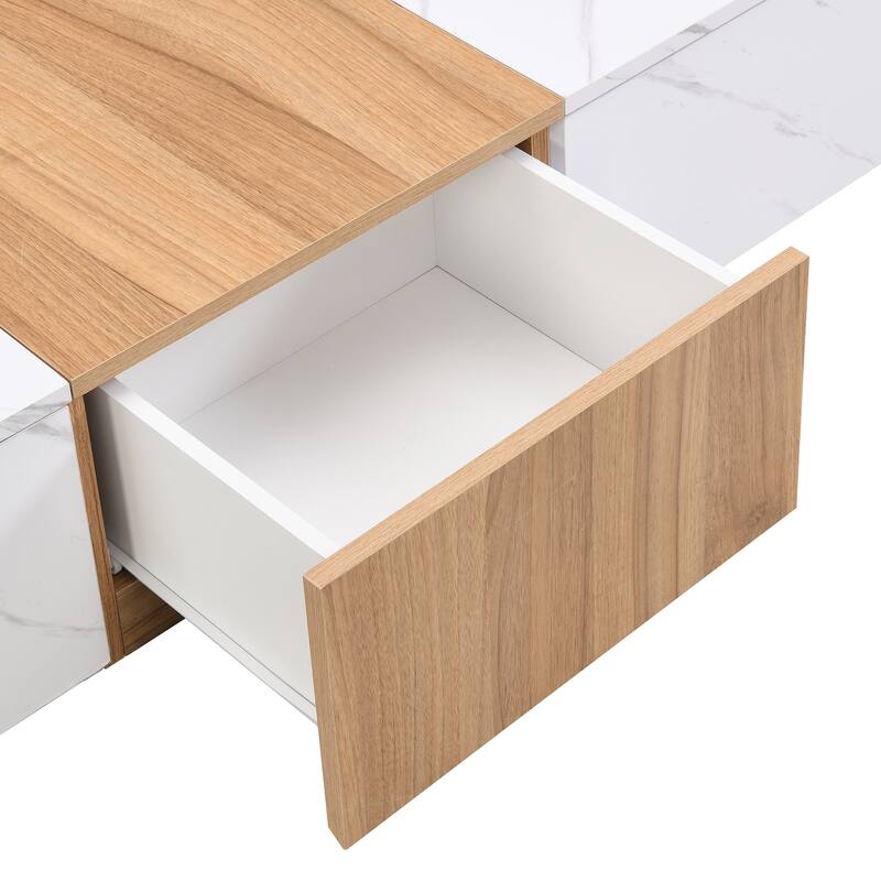 TV Stand with Faux Marble and Walnut Wood Grain, for TVs Up to 88", White - 78.7" W × 15.7" D × 10.4" H