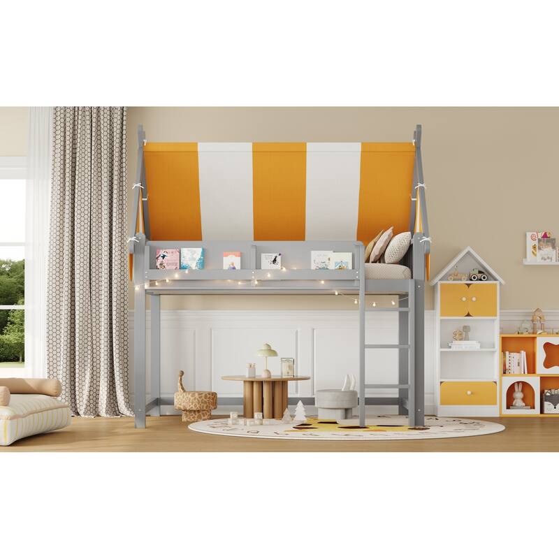 Roomfitters Twin/Full Size Loft Bed with Canopy, LED Lights and Book Shelf