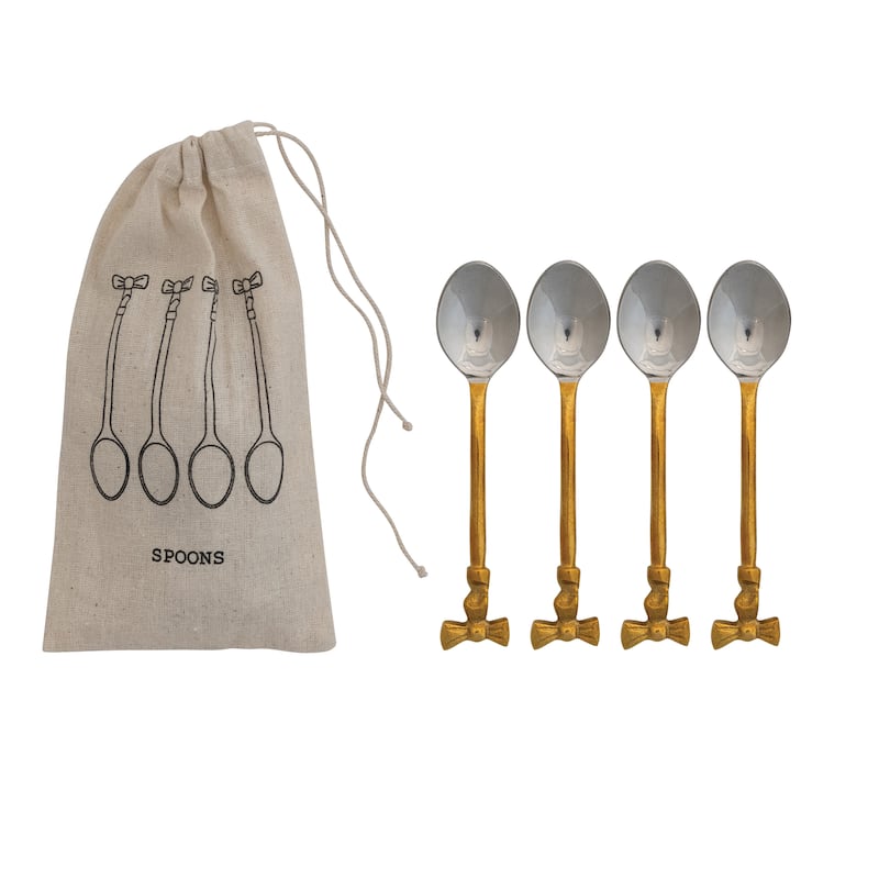 4-Piece Coffee Spoons with Bow Handles - 5.0"L x 1.0"W x 0.5"H - Gold
