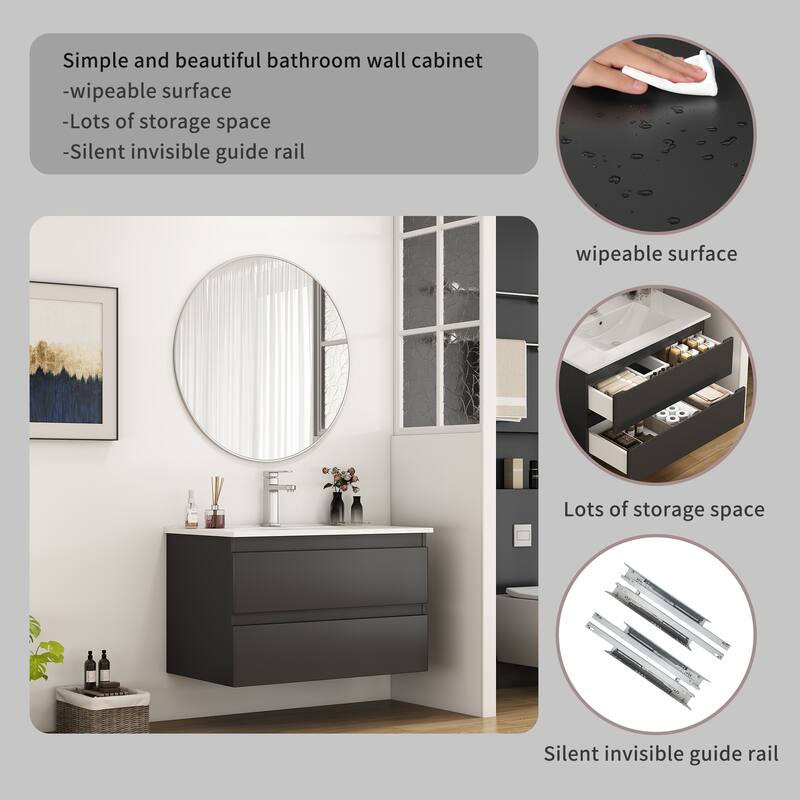32 Inch Floating Bathroom Vanity with One-piece Ceramic Sink, Wall Mounted Cabinet with 2 Drawers