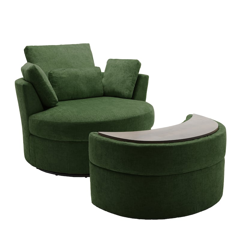 Upholstered Swivel Accent Chair with Wooden Tray Storage Ottoman