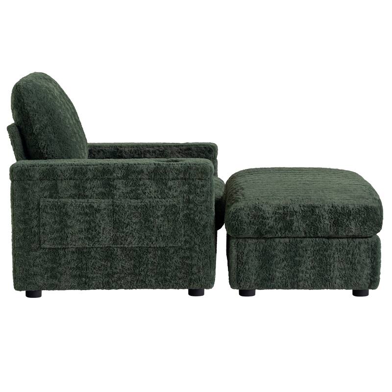 42" Oversized Green Faux Fur Chaise Lounge Sofa Bed with Storage, Cup Holders for Indoor Use