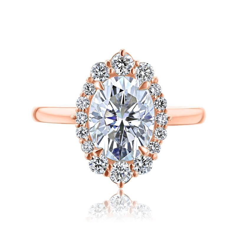 Kobelli August Collection 2.5 Carat Moissanite & Lab Grown Diamond 14k Solid Gold Oval Rococo Halo Plain Band Ophelia Ring - Rose - 9.5