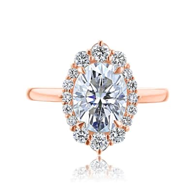 Kobelli August Collection 2.5 Carat Moissanite & Lab Grown Diamond 14k Solid Gold Oval Rococo Halo Plain Band Ophelia Ring