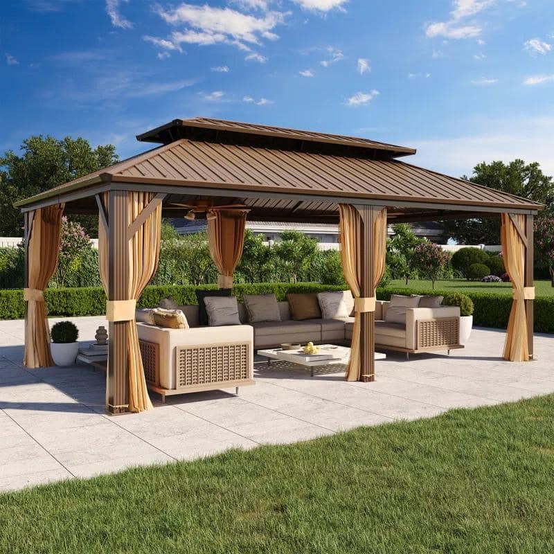 PRO Steel Hardtop Gazebo, Patio Aluminum Frame, Waterproof & Windproof Patio Gazebo with Curtains & Netting