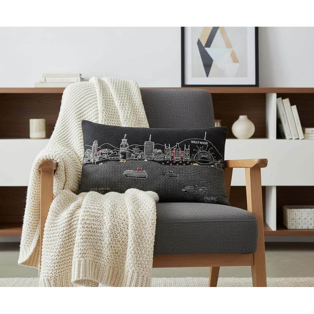 HomeRoots 25" Black Los Angeles Nighttime Skyline Lumbar Decorative Pillow