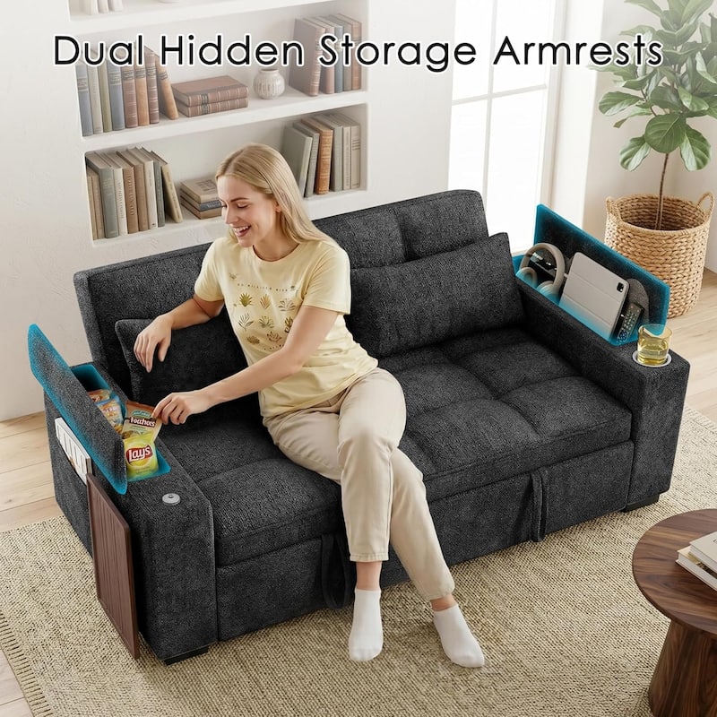 68" Chenille Fabric Sleeper Sofa Bed,Pull Out Couch with 360 Degree Swivel Side Table,USB Port,Cup Holder,Armrest Storage