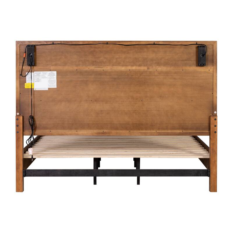 Furniture of America Forma Mid-Century Modern Walnut Boucle Storage Platform Bed with LED Reading Light