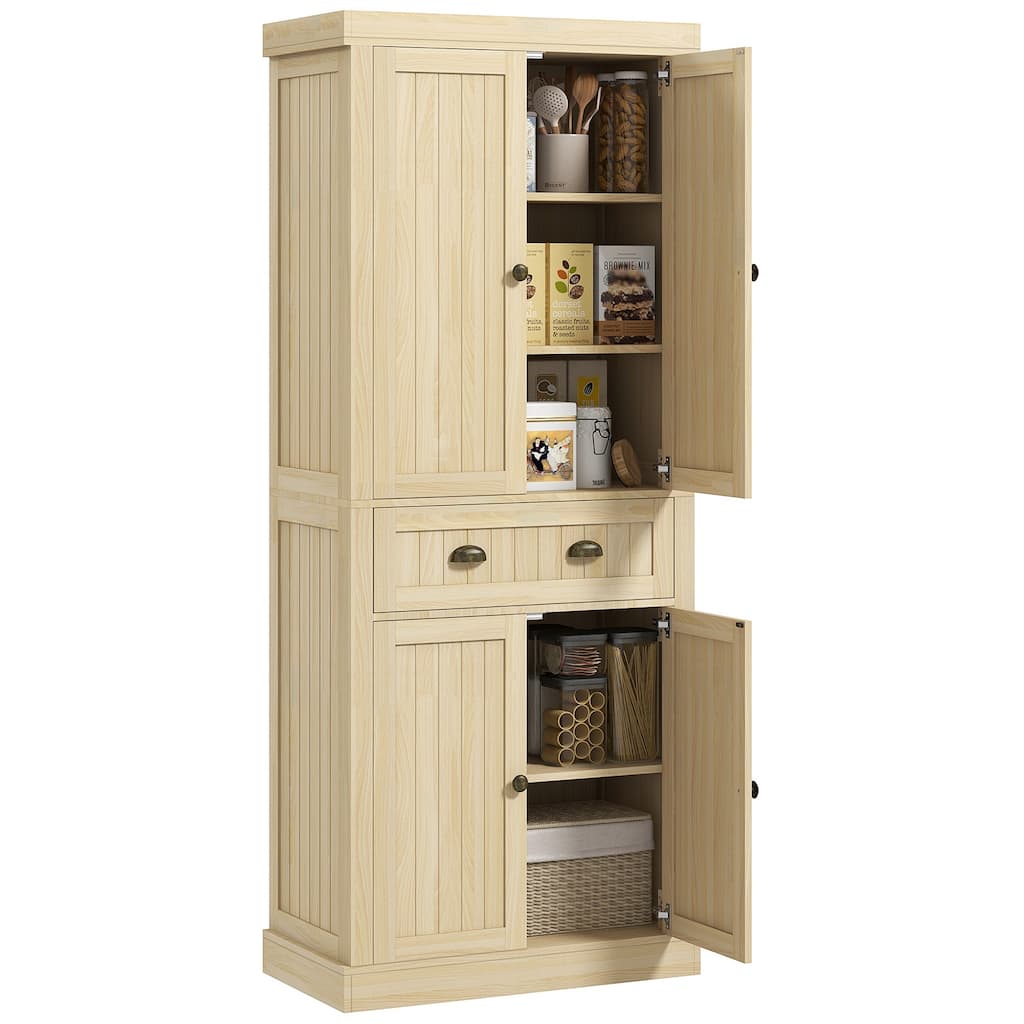 72" Farmhouse Kitchen Pantry Cabinet, Freestanding Tall Storage Cabinet with 4 Soft-Close Doors,2 Adjustable Shelves and Drawer