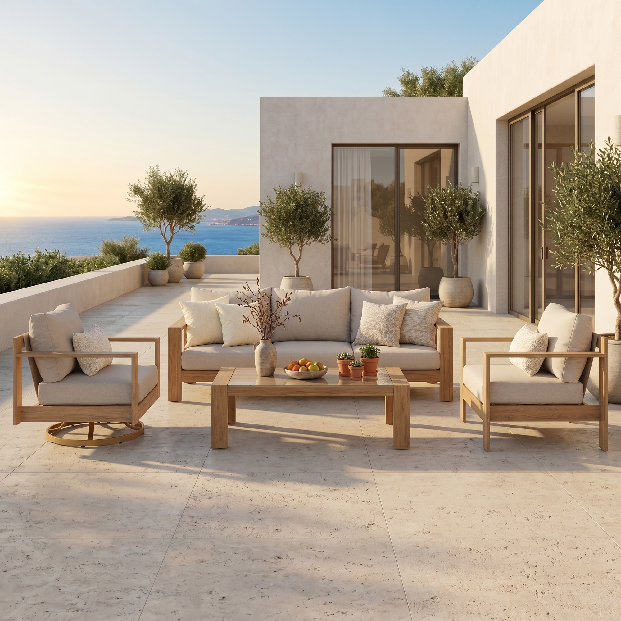 4-Piece Wood-Look Aluminum Outdoor Conversation Set, Sofa, 2 Arm Chairs (1 360 Degree Swivel Chair) Tempered Glass Coffee Table