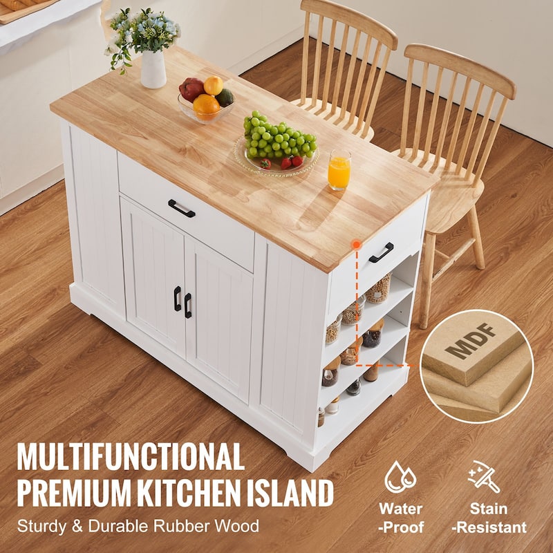 White Wooden Kitchen Island Serving Cabinet Cart with 3 Drawer and Side Open Shelves - 46x22x36 inch
