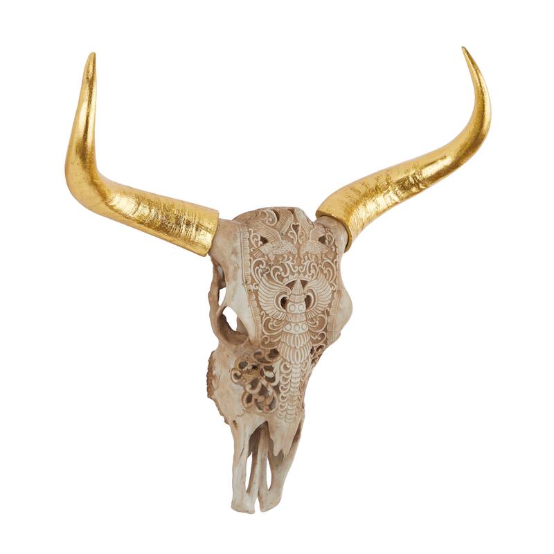 Rustic Polystone Carved Skull Cow Wall Decor - Brown or Bronze
