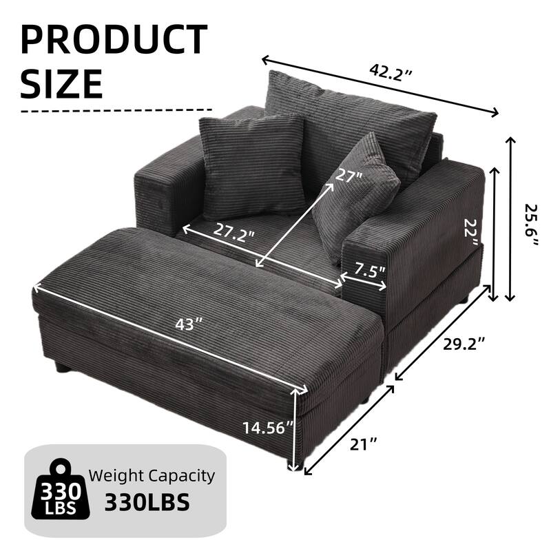 Chaise Lounge Chair with Removable Ottoman, Modern Accent Armchair Corduroy Sleeper Sofa Chair with Pillows for Living Room