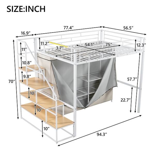 dimension image slide 1 of 2, Full Size Loft Bed with Wardrobe and Shelves, White