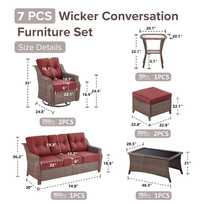 Gymojoy Wicker Patio Furniture Sofa Set, 6-Inch Ultra Thick Cushioned 360°Swivel Glider Chairs & Sofa Set