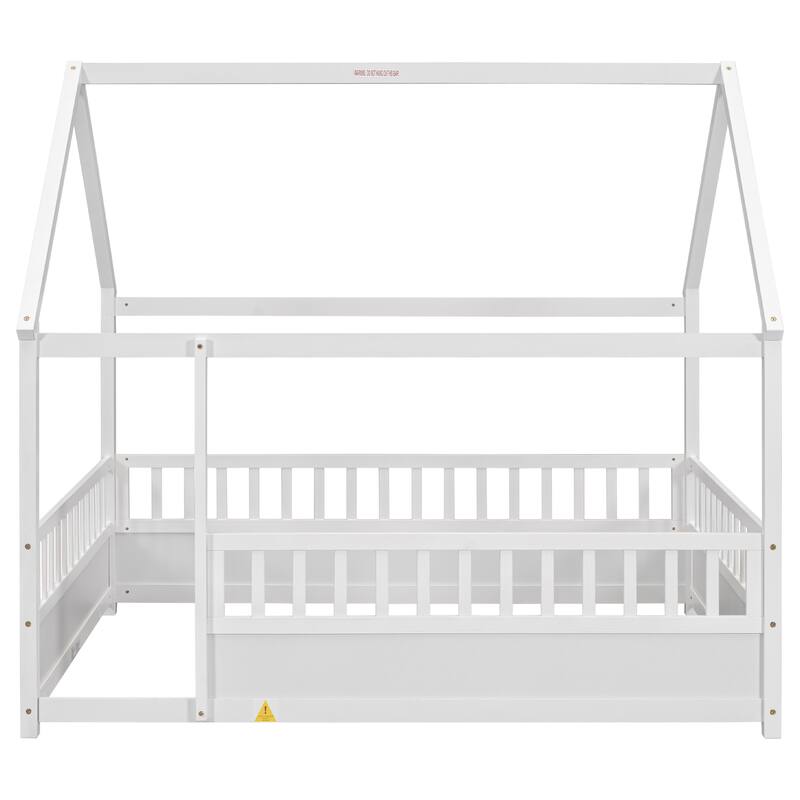 Kids Twin/Full House Bed with Roof Frame, Floor Bed with Fence Guardrails