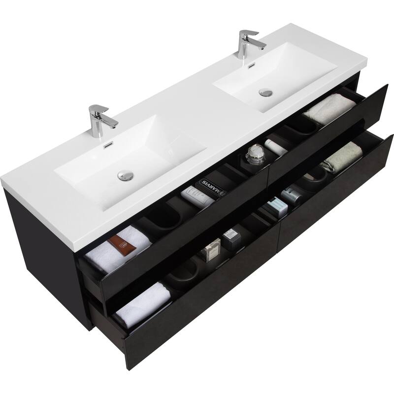 Modern Wall-Mounted Bathroom Vanity with White Solid Surface Top