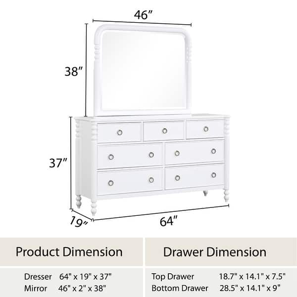 dimension image slide 3 of 5, Roundhill Furniture Avellune 4-Piece Bedroom Set: Poster Bed with Dresser, Mirror, Chest, and 2 Nightstands, White Finish