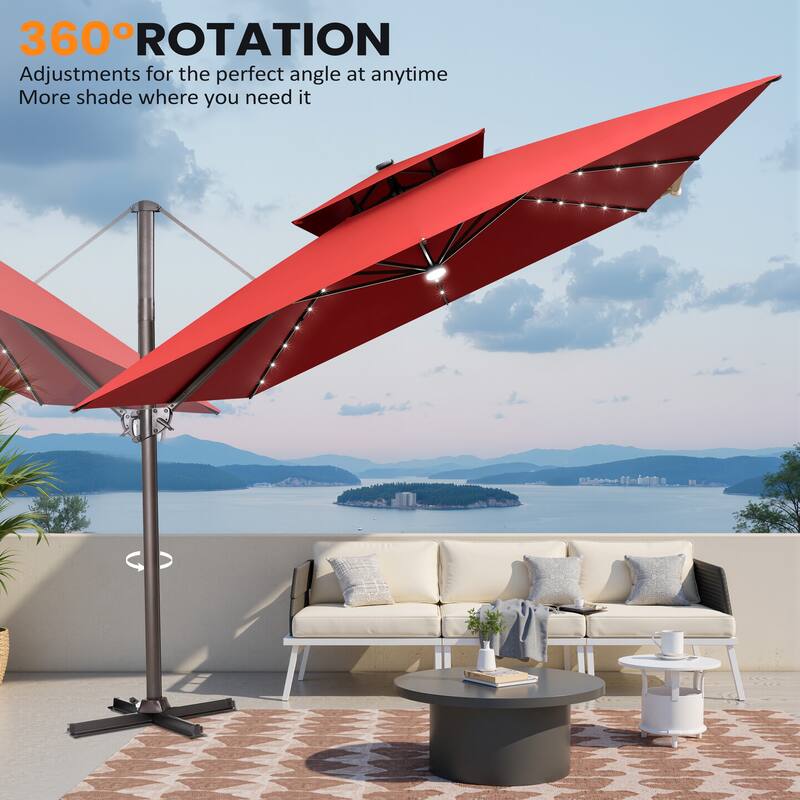 11 FT Square Outdoor Patio Cantilever Umbrella Solar LED Lighted with Weight Base