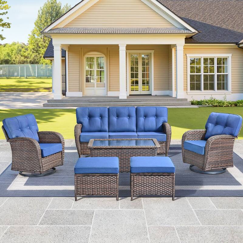 6 Pieces Pocassy Sofa Table Ottoman with Swivel Chairs - Brown Wicker & Grey Cushion