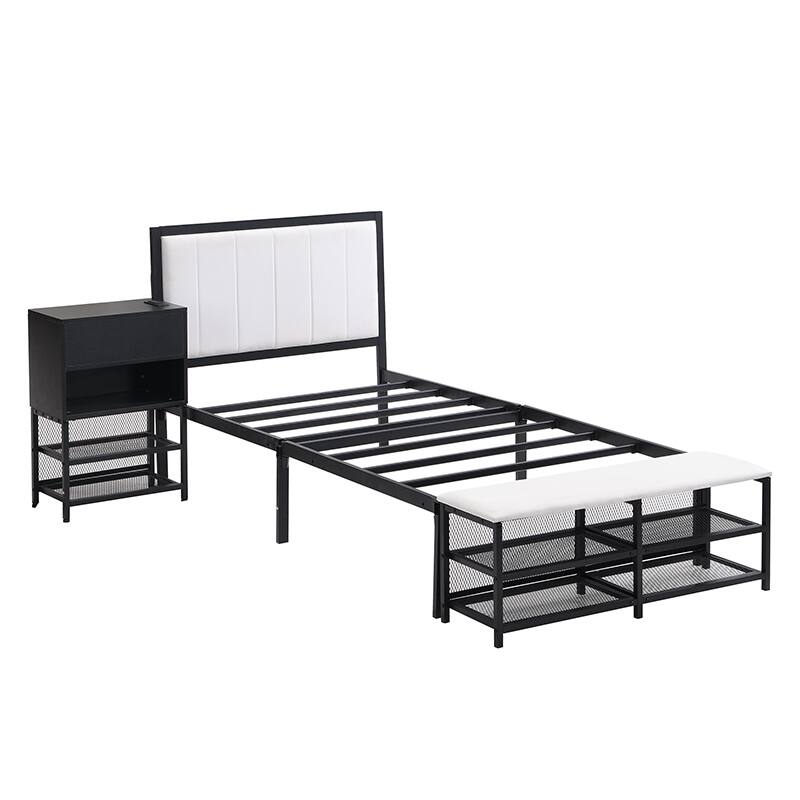 Stylish Twin Metal Platform Bed with Soft Upholstered Frame, Two-Tier Storage Shelves, Wooden Cabinet, and Cushioned Footrest
