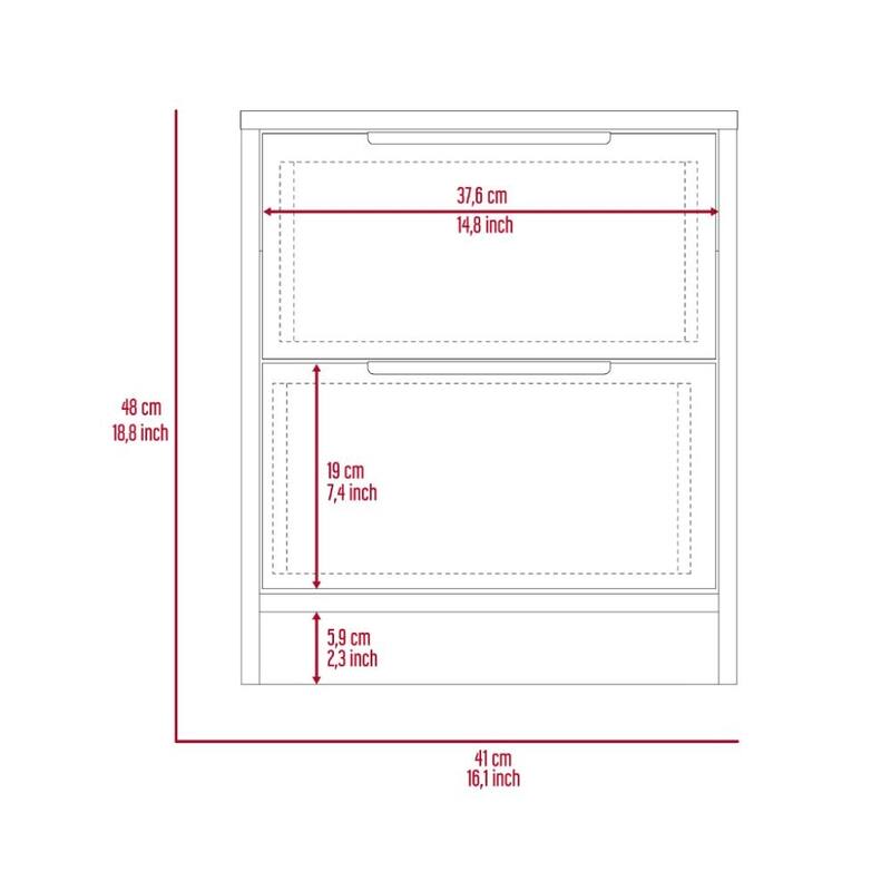 Modern Two-Drawer Nightstand, White & Light Oak, Metal Hardware