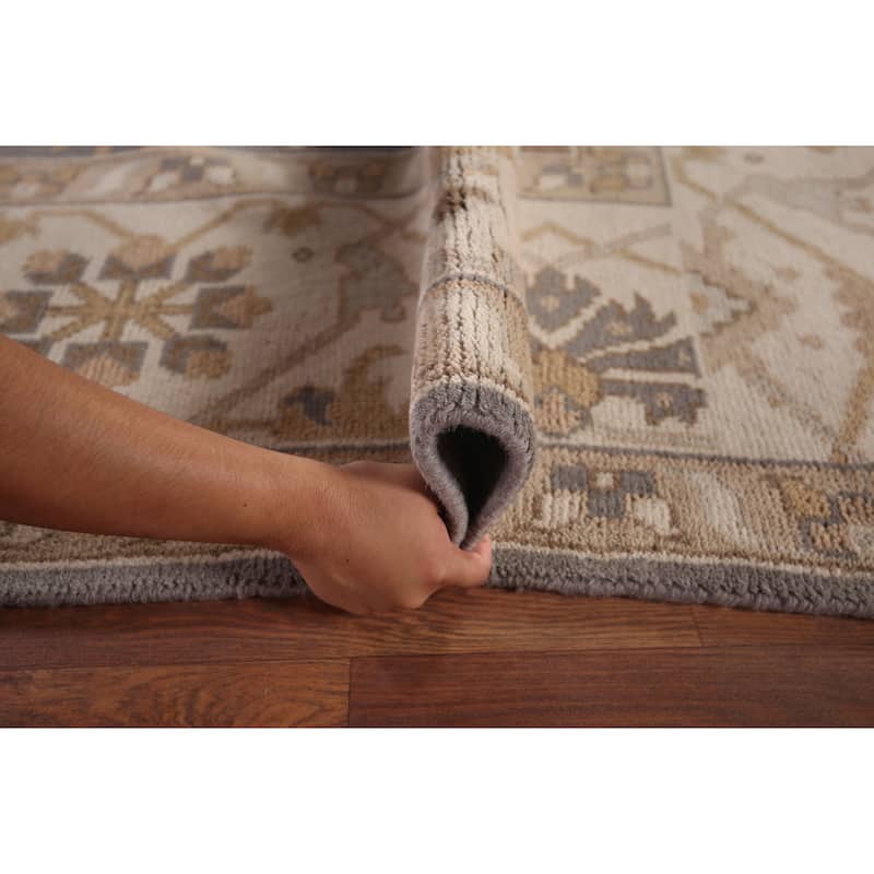 Gray Oushak Indian Rug Hand-Knotted Transitional Floral Wool Carpet - 9'1"x 11'7"