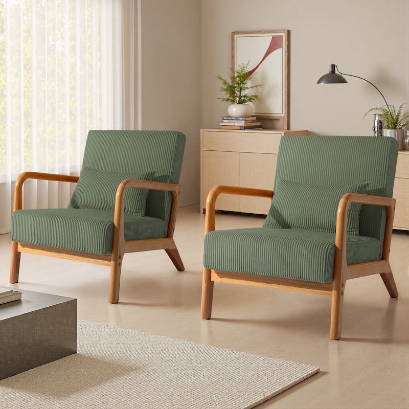 Modern Upholstered Accent Chair with Wood Legs Set of 2 - Brown Frame - Gray Green/Natural