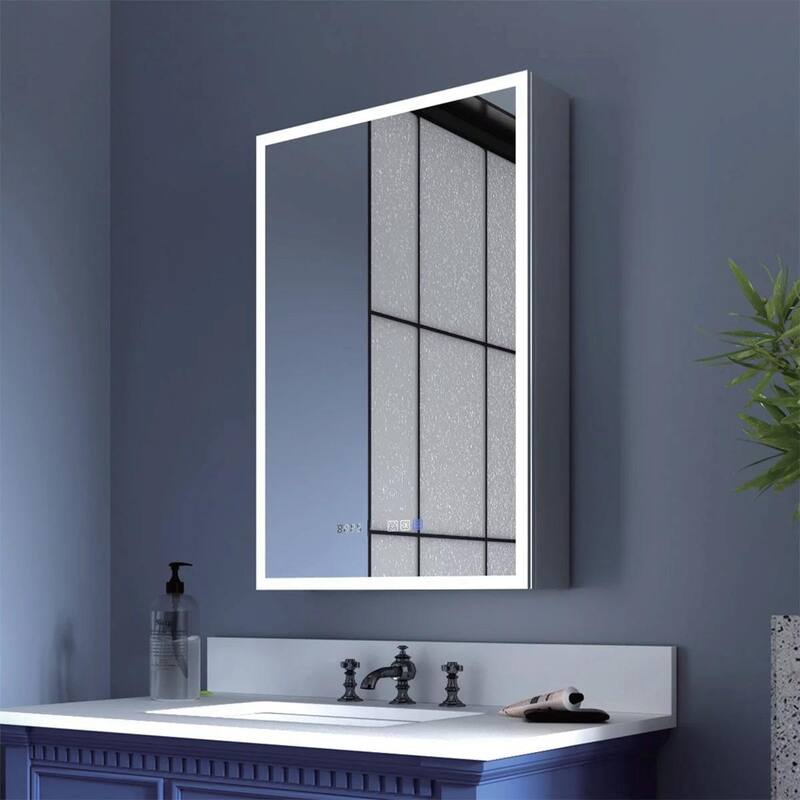 LED Lighted Medicine Cabinet with Mirror, 16*26Inches Bathroom Mirror Cabinet with Lights,Recessed or Wall Mounted - Silver