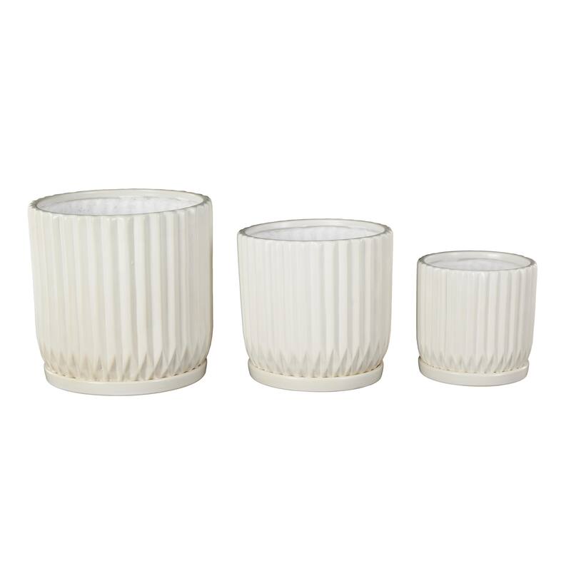Black or White Ceramic Ribbed Indoor Outdoor Planter with Attached Saucer (Set of 3)
